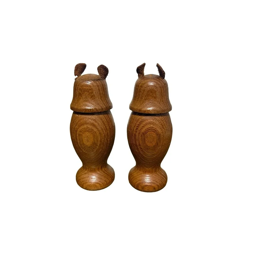 Vintage Wooden Owl Salt & Pepper Shakers 1960s Glass Eyes & Felt Ears Japan MCM